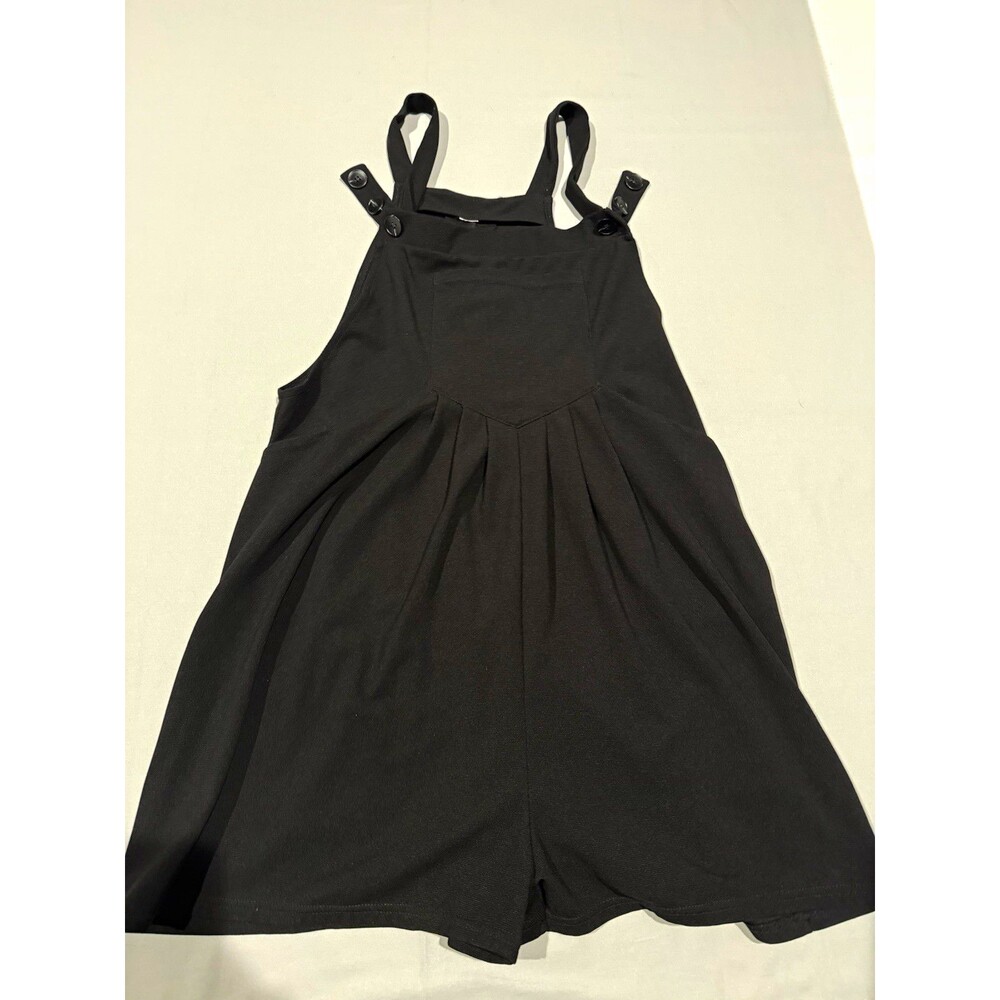 Black Wide Leg Romper Womens Button Strap Short Overalls Bib Pocket Pleated